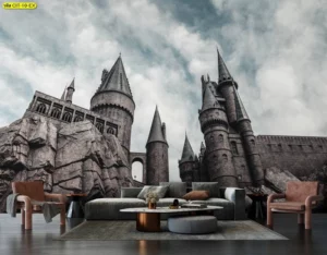 วอลเปเปอร์สั่งพิมพ์ภาพปราสาทโบราณสไตล์แฟนตาซีช่วยเสริมบรรยากาศเซอร์เรียลและสร้างมิติความลึกให้ห้องนั่งเล่นรีสอร์ท