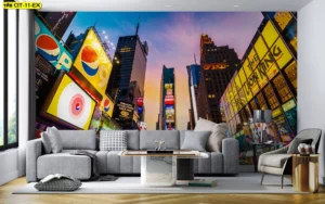 ภาพติดผนังห้องนั่งเล่นสไตล์ป๊อปอาร์ต วิวเมืองใหญ่ยามพระอาทิตย์ตกสีสันสดใส โซฟาสีเทา โต๊ะกาแฟหินอ่อน และเก้าอี้โมเดิร์นสร้างความทันสมัย