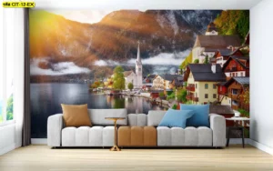 วอลเปเปอร์ภาพวิวหมู่บ้านในเทือกเขาแอลป์สไตล์อัลไพน์ตกแต่งห้องนั่งเล่นโซฟาสีเทาพร้อมหมอนสีน้ำตาลและฟ้าสำหรับธุรกิจโรงแรม