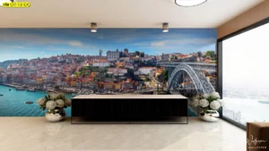 วอลเปเปอร์ภาพวิวเมืองปอร์โตโปรตุเกสริมทะเลสไตล์เมดิเตอร์เรเนียนโทนสีส้มตกแต่งพื้นที่ใช้สอยขนาดใหญ่สำหรับล็อบบี้