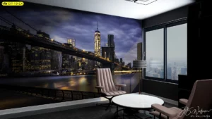 วอลเปเปอร์ห้องทำงานหรูหราภาพสะพานเมืองใหญ่กลางคืน โต๊ะประชุมหินอ่อนสีขาว เก้าอี้หนังสีน้ำตาล พร้อมแสงไฟสำนักงานสร้างบรรยากาศมืออาชีพ
