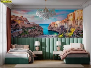 วอลเปเปอร์ภาพวิวเมืองริมทะเล ชายฝั่งเมดิเตอร์เรเนียนพระอาทิตย์ตกสไตล์บูติคโรงแรมโทนสีเขียวมิ้นต์ตกแต่งห้องนอนเตียงคู่หรูหรา