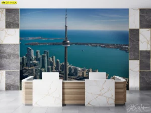 วอลเปเปอร์ภาพวิวเมืองริมทะเล โตรอนโตวิวทะเลสีฟ้าใสสไตล์โมเดิร์นตกแต่งห้องออฟฟิศเคาน์เตอร์หินอ่อนขาวเหมาะสำหรับธุรกิจการบริการ