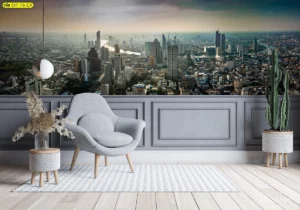 วอลเปเปอร์ภาพวิวเมือง ภาพตกแต่งห้องเส้นขอบฟ้าเมืองยามเช้าตรู่ช่วยเสริมบรรยากาศสงบเงียบและเพิ่มความโปร่งกระจ่างให้ห้องครอบครัวสไตล์แนวสแกนดิเนเวียน