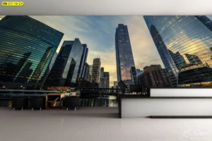 ภาพตกแต่งผนังห้องประชุมสไตล์คอร์ปอเรท วิวมหานครยามเช้าโทนสีเหลือง-น้ำเงิน โต๊ะไม้โอ๊คและเก้าอี้ดำสร้างความเป็นมืออาชีพระดับสูง