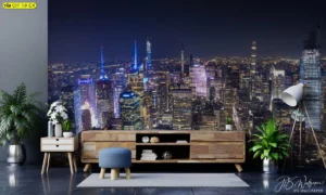 วอลเปเปอร์ภาพวิวเมืองใหญ่ยามค่ำคืนสไตล์โมเดิร์น ตกแต่งห้องนั่งเล่นด้วยโซฟาสีเทาและพื้นไม้โอ๊ค สร้างบรรยากาศหรูหราทันสมัย