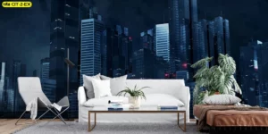ภาพตกแต่งห้องนั่งเล่นวิวตึกเมืองกลางคืนสไตล์อาร์บัน โทนสีน้ำเงิน-เทา โซฟาสีขาว เก้าอี้โมเดิร์น และต้นไม้ประดับสร้างบรรยากาศอบอุ่น