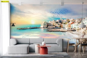 วอลเปเปอร์ภาพวิวเมืองริมทะเล สไตล์เมดิเตอร์เรเนียนโทนสีฟ้าขาวตกแต่งห้องนั่งเล่นโซฟาสีเทาโต๊ะกาแฟสีส้มบริเวณรับประทานอาหารไม้สนอ่อน
