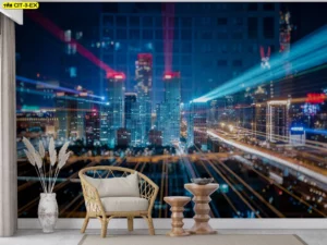 วอลเปเปอร์เมืองอนาคตแนวไซไฟสีน้ำเงิน-ชมพู ตกแต่งห้องด้วยเก้าอี้หวายและโต๊ะไม้ธรรมชาติ สร้างความสมดุลระหว่างเทคโนโลยีและธรรมชาติ