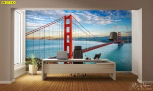 ภาพสะพานสีแดงและทะเลเปิดกว้างพิมพ์บนสติ๊กเกอร์ติดกระจกเกรดอุตสาหกรรมช่วยเติมพลังและความสดชื่นให้ห้องทำงานผู้บริหารโดยไม่ปิดกั้นแสงธรรมชาติ