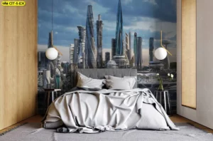 วอลเปเปอร์ภาพวิวเมือง ตึกแห่งอนาคตฟิวเจอริสติกพิมพ์ไร้รอยต่อช่วยยกระดับห้องนอนนักออกแบบสู่แรงบันดาลใจแนวไซไฟ