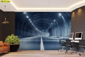 วอลเปเปอร์ห้องทำงานแนวอุโมงค์สไตล์ฟิวเจอร์ โทนสีน้ำเงิน-เทาเงิน สร้างมิติความลึก ตกแต่งด้วยโต๊ะทำงานดำและเก้าอี้หนังสีน้ำตาล