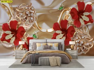 วอลเปเปอร์ลายดอกไม้เพชร สีแดงทองศิลปะสามมิติ สำหรับตกแต่งห้องนอนหรู ผิวสัมผัสแคนวาสพรีเมียม ช่วยสร้างบรรยากาศเหนือระดับ