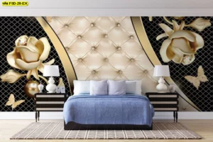 วอลเปเปอร์สามมิติบุหนังดีไซน์ลายดอกไม้ทองและผิวสัมผัสครีมหรูหราพร้อมแบ็คกราวด์สีดำ เหมาะสำหรับตกแต่งหัวเตียง ช่วยเพิ่มความทันสมัยในพื้นที่ส่วนตัวอย่างลงตัว
