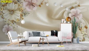 วอลเปเปอร์ลายดอกไม้เพชร สไตล์สามมิติ โทนพาสเทล-ทอง ดีไซน์หรูเน้นการตกแต่งห้องนั่งเล่นหรือห้องรับแขกทันสมัยด้วยวัสดุผ้าแคนวาสหน้ากว้างไร้รอยต่อสร้างมิติในทุกมุมมอง