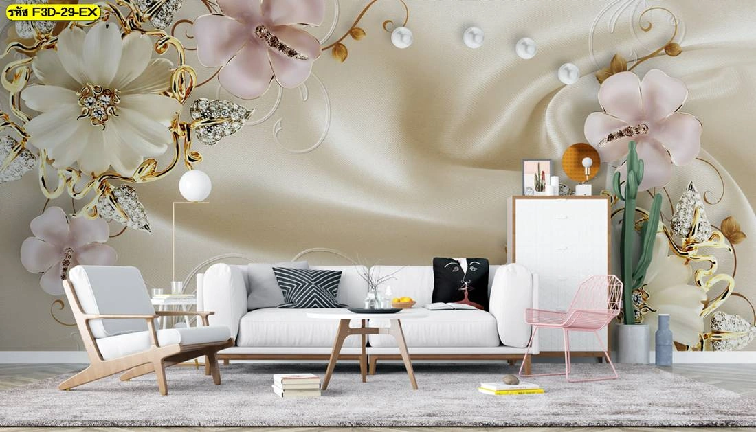 วอลเปเปอร์ลายดอกไม้เพชร สไตล์สามมิติ โทนพาสเทล-ทอง ดีไซน์หรูเน้นการตกแต่งห้องนั่งเล่นหรือห้องรับแขกทันสมัยด้วยวัสดุผ้าแคนวาสหน้ากว้างไร้รอยต่อสร้างมิติในทุกมุมมอง