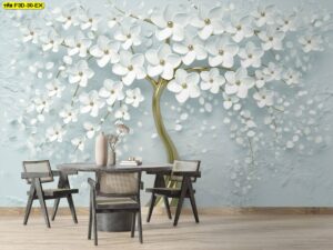 วอลเปเปอร์ภาพดอกไม้ร่วมสมัย สไตล์ 3D ผ้าแคนวาสคู่เฟอร์นิเจอร์ไม้ ส่งเสริมบรรยากาศห้องอาหารหรือห้องประชุมให้โดดเด่นมีศิลปะ