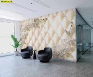 วอลเปเปอร์ศิลปะสามมิติบุหนังลายดอกไม้ขาวทองบนผนังสำนักงานหรือพื้นที่รับรอง สื่อถึงความสง่างามทันสมัย ช่วยเสริมบรรยากาศให้สำนักงานองค์กรภูมิฐานและน่าเชื่อถือ