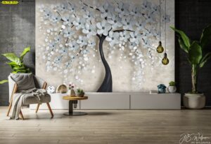 วอลเปเปอร์ภาพดอกไม้ร่วมสมัย ดีไซน์ร่วมสมัย เน้นผิวสัมผัสหรูหราสำหรับตกแต่งห้องรับแขกหรือห้องนั่งเล่นในโครงการบ้าน