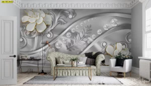 วอลเปเปอร์ศิลปะดอกไม้เพชรโทนขาว-เทา ออกแบบรายละเอียดลายเส้นทองสไตล์หรู เหมาะห้องรับแขกโมเดิร์นและโปรเจกต์ตกแต่งภายในที่ต้องการความโดดเด่นระดับพรีเมียม