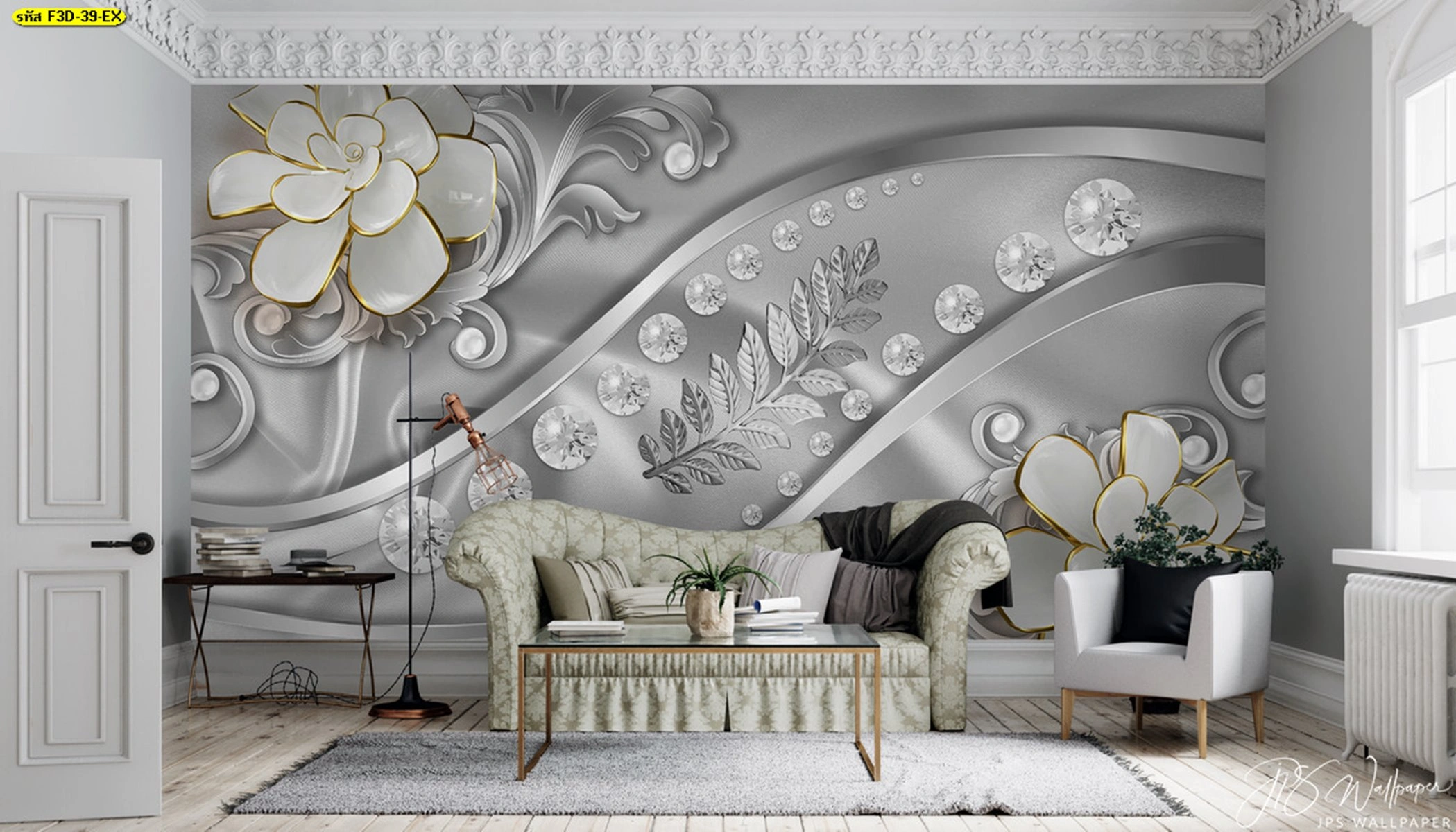 วอลเปเปอร์ศิลปะดอกไม้เพชรโทนขาว-เทา ออกแบบรายละเอียดลายเส้นทองสไตล์หรู เหมาะห้องรับแขกโมเดิร์นและโปรเจกต์ตกแต่งภายในที่ต้องการความโดดเด่นระดับพรีเมียม