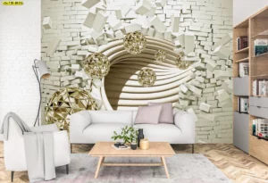 วอลเปเปอร์กราฟิกลูกบาศก์สามมิติสีทอง-ครีม ลายเรขาคณิตทันสมัยตกแต่งห้องนั่งเล่นหรือพื้นที่รับแขก เติมสีสันและความพิเศษอย่างลงตัว