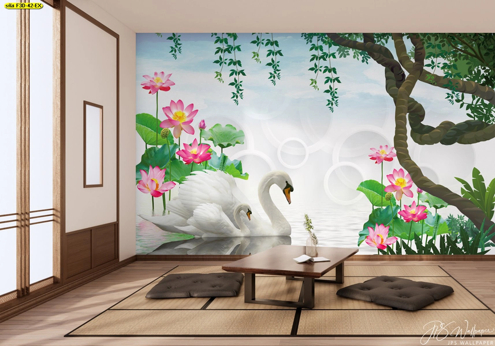 วอลเปเปอร์ภาพสวนน้ำบึงบัว หงส์ขาวกลางธรรมชาติ แต่งห้องนั่งเล่นญี่ปุ่น สร้างพื้นที่ผ่อนคลายสำหรับธุรกิจหรือรีสอร์ตให้โดดเด่น สะท้อนความเป็นญี่ปุ่นเหนือใคร
