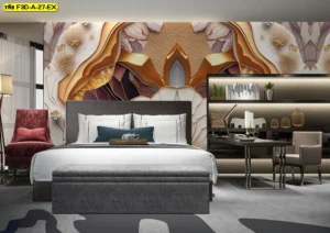 วอลเปเปอร์ศิลปะกราฟิกสามมิติสีทองติดหัวเตียงตกแต่งห้องนอนบ้านหรือคอนโดใหม่ เพิ่มความหรูหราแก่พื้นที่ เอกลักษณ์ลายพรีเมียมสั่งพิมพ์เฉพาะงาน
