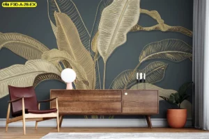 วอลเปเปอร์ลายใบไม้ทองขนาดใหญ่กราฟิกคลาสสิกแนว Minimal Luxury เหมาะสำหรับห้องรับแขกหรือห้องอ่านหนังสือ สั่งผลิตขนาดตามห้อง