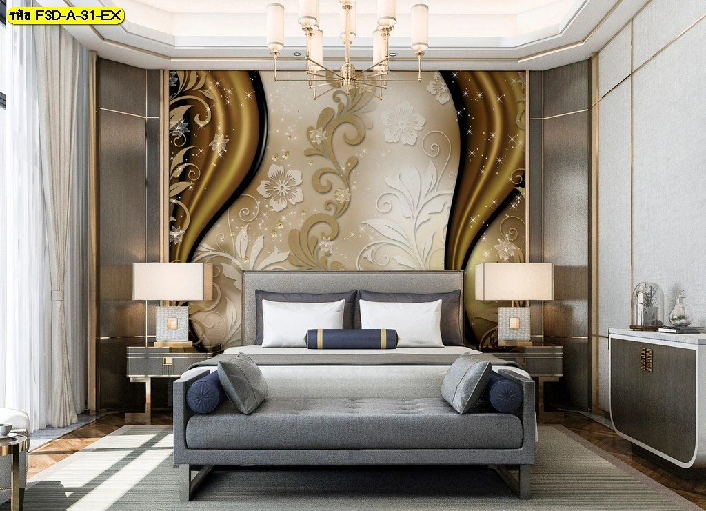 วอลเปเปอร์ภาพศิลปะดอกไม้สามมิติสุดหรูโทนสีดำทอง เหมาะกับการตกแต่งผนังห้องนอนสไตล์โมเดิร์นเพื่อกลุ่มเป้าหมายวัยทำงาน