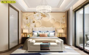 วอลเปเปอร์แต่งห้องนอนสไตล์หรูหรา ดีไซน์ดอกไม้สีขาวผสมทองที่มีมิติทรงกลม เสริมด้วยแสงสะท้อนธรรมชาติและหัวเตียงสไตล์โมเดิร์นหรูหรา