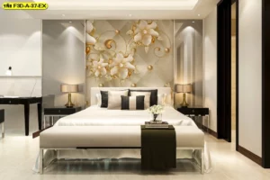วอลเปเปอร์หัวเตียงดีไซน์ภาพดอกไม้สามมิติเน้นโทนสีครีมทองเกรดพรีเมียมสั่งผลิตตามขนาดสำหรับห้องนอน