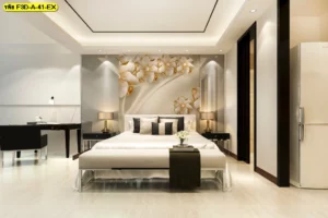 วอลเปเปอร์ภาพศิลปะดอกไม้สามมิติ สีขาวทอง ออกแบบเพื่อเน้นหัวเตียงห้องนอนด้วยลายดอกไม้สว่างตา สไตล์โมเดิร์น หรูหราสำหรับผู้ที่ต้องการสร้างความเสริมภาพลักษณ์ห้องนอนให้โดดเด่น