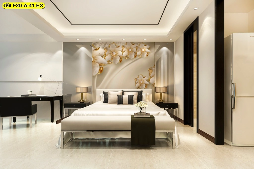 วอลเปเปอร์ภาพศิลปะดอกไม้สามมิติ สีขาวทอง ออกแบบเพื่อเน้นหัวเตียงห้องนอนด้วยลายดอกไม้สว่างตา สไตล์โมเดิร์น หรูหราสำหรับผู้ที่ต้องการสร้างความเสริมภาพลักษณ์ห้องนอนให้โดดเด่น