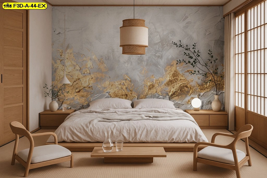 วอลเปเปอร์ภาพศิลปะญี่ปุ่นผสมทอง เสริมผนังห้องนอนโฮสเทล โรงแรมให้ดึงดูดสายตา เปลี่ยนอารมณ์ห้องด้วยดีไซน์ร่วมสมัย