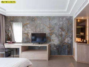 วอลเปเปอร์หรูหราโทนเทาประกายทอง สำหรับตกแต่งผนังห้องรับแขกและห้องนอนยุคใหม่ เน้นผิวสัมผัสและมิติของศิลปะ 3 มิติ