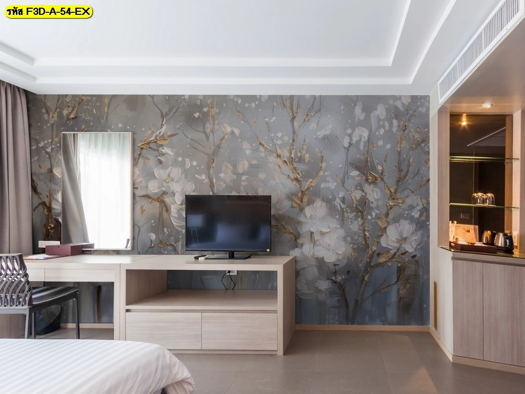 วอลเปเปอร์หรูหราโทนเทาประกายทอง สำหรับตกแต่งผนังห้องรับแขกและห้องนอนยุคใหม่ เน้นผิวสัมผัสและมิติของศิลปะ 3 มิติ