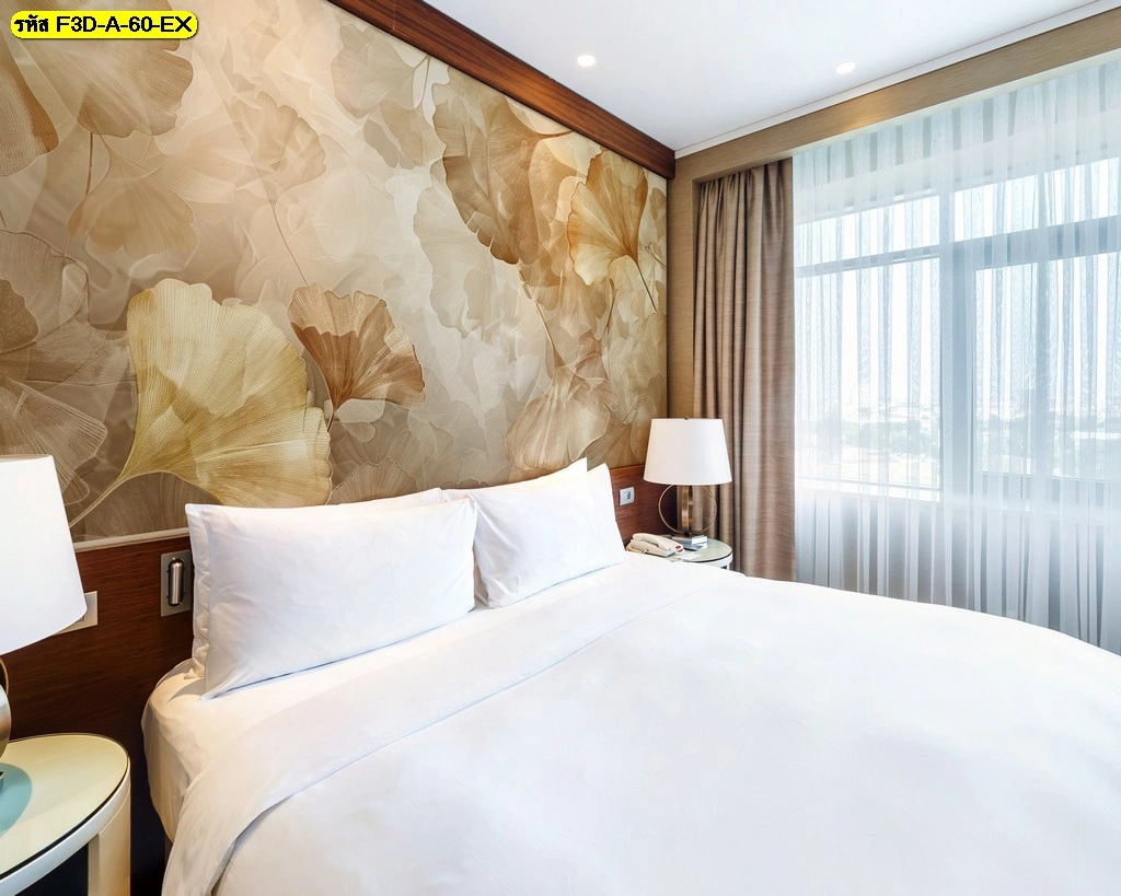 วอลเปเปอร์ผ้าแคนวาสพรีเมียมลายใบไม้ทองฟุ้งแสง ดูหรูหราสดใส เหมาะกับห้องนอนโรงแรมหรือคอนโดใหม่ เสริมความรู้สึกสบายและหรูหราในพื้นที่พักผ่อนทุกวัน