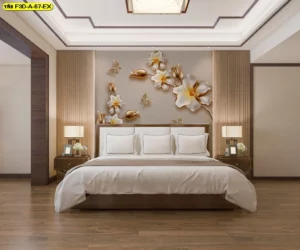 วอลเปเปอร์ศิลปะดอกไม้สามมิติโทนสีขาวทอง สำหรับตกแต่งหัวเตียงห้องนอนผู้บริหารที่เน้นบรรยากาศหรูหรา