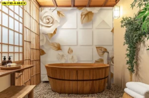 วอลเปเปอร์ศิลปะดอกไม้ญี่ปุ่น ภาพดอกกุหลาบสีขาวทอง ตกแต่งห้องน้ำออนเซ็นโรงแรม เพิ่มบรรยากาศผ่อนคลายโดดเด่นในทุกสัมผัส