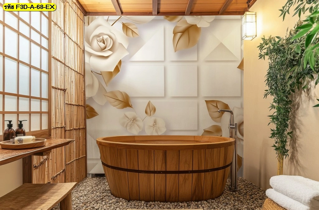 วอลเปเปอร์ศิลปะดอกไม้ญี่ปุ่น ภาพดอกกุหลาบสีขาวทอง ตกแต่งห้องน้ำออนเซ็นโรงแรม เพิ่มบรรยากาศผ่อนคลายโดดเด่นในทุกสัมผัส