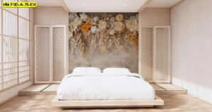 วอลเปเปอร์ภาพดอกไม้สไตล์ศิลปะญี่ปุ่น แต่งห้องนอนโรงแรม เติมความหรูหราและละเมียดละไมให้พื้นที่พักผ่อนของธุรกิจที่ต้องการสร้างเอกลักษณ์โดดเด่นในตลาดธุรกิจโรงแรม