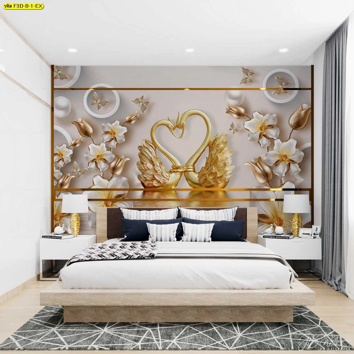 วอลเปเปอร์แต่งห้องนอนสไตล์หรูหรา ลายดอกไม้ทองสามมิติสำหรับห้องนอนหัวเตียง