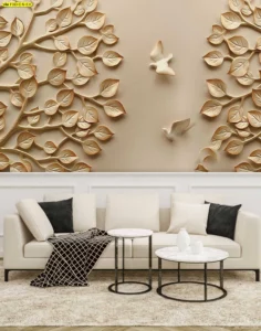 วอลเปเปอร์สามมิติลายกิ่งไม้และนกโทนทอง เหมาะตกแต่งห้องรับแขกหรือห้องนั่งเล่น เติมความอ่อนโยนและหรูหรา สร้างจุดเด่นให้บรรยากาศภายในบ้านดูทันสมัย