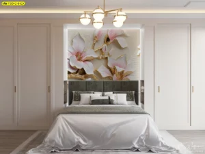 วอลเปเปอร์แต่งห้องนอนสไตล์หรูหรา ดอกไม้สามมิติโฟกัสสีชมพูทอง ผลงานศิลปะที่นำลายดอกไม้มามิกซ์ในรูปผ้าแคนวาส หน้ากว้างพิเศษ โทนสีอบอุ่นช่วยเพิ่มมุมผ่อนคลายให้ห้องนอน