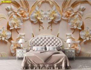 วอลเปเปอร์ภาพดอกไม้ออร์คิดสามมิติ ใช้โทนสีครีมเหลืองอ่อนผสมลายทอง เน้นลวดลายดอกกล้วยไม้สร้างมุมพักผ่อนให้ห้องนอน ดูสะอาดตาและหรูหรา