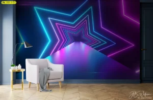 วอลเปเปอร์แต่งห้องสมัยใหม่ ภาพไลท์นีออนดาวสีฟ้าชมพูม่วงอุโมงค์เรืองแสงตกแต่งห้องนั่งเล่นห้องบันเทิงสไตล์ฟิวเจอริสติก