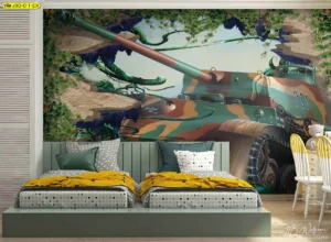ภาพตกแต่งห้องเด็กชายลายรถถังทหารสีพรางสไตล์สามมิติสมจริงโทนสีเขียวน้ำตาลท่ามกลางเถาวัลย์และป่า