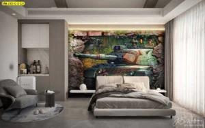 วอลเปเปอร์ห้องเด็กผู้ชาย ลายรถถังทหารสามมิติสีเขียวพรางทรายสมจริงตกแต่งห้องนอนสไตล์โมเดิร์นพร้อมไฟแนวสวยงามโดดเด่น​