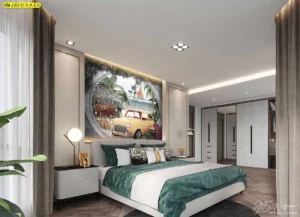 ภาพติดผนังห้องนอนลายรถวินเทจสีเหลืองท่องเที่ยวชายทะเลสามมิติสไตล์ทรอปิคอลรีสอร์ทโทนสีเขียวเทอร์ควอยซ์ตกแต่งห้องนอนสวยหรู​